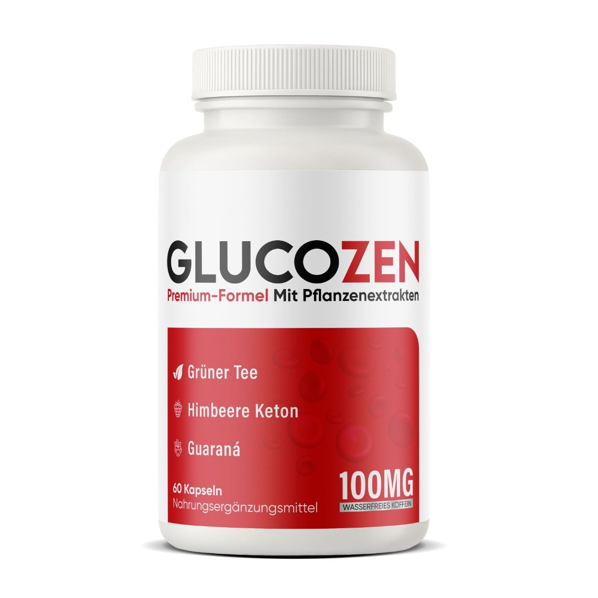 Weiße Flasche mit rotem Etikett. Aufschrift GLUCOZEN, 100MG, und Inhaltsstoffe. Kapseln.