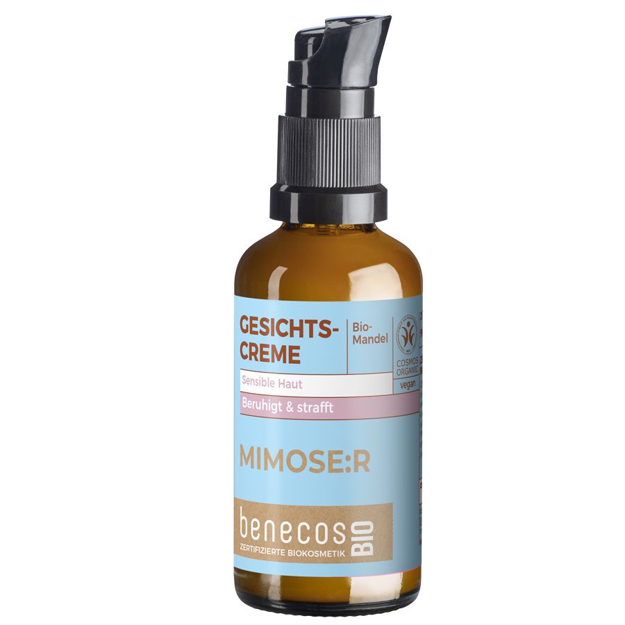 Benecos BIO Gesichtscreme BIO-Mandel in einem braunen Spender mit Pumpspender.