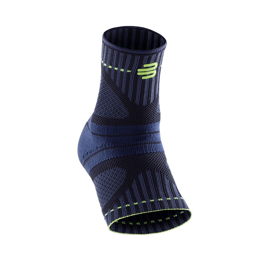 Dunkelblauer Sport-Knöchelbandage mit neongrünen Akzenten und Logo.