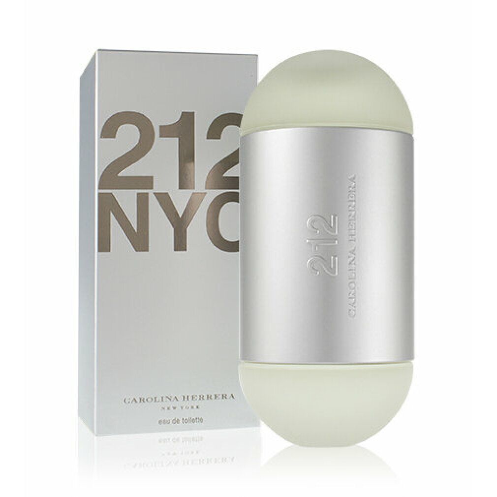 Carolina Herrera 212 EdT. Flakon und Verpackung. Silberfarbener Flakon mit weißem Deckel. Verpackung mit Logo und Schriftzug.