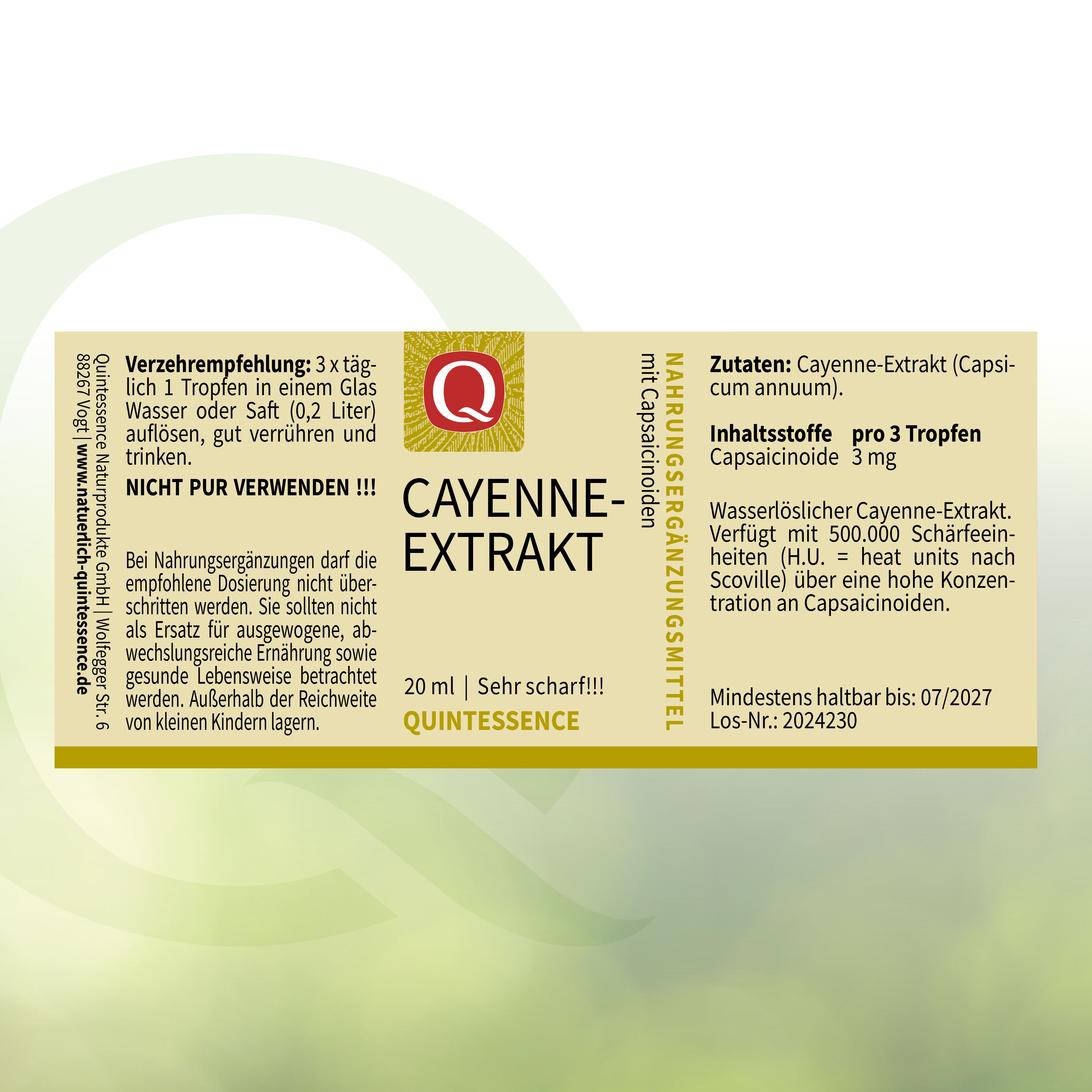 Etikett mit Text: Cayenne-Extrakt, 20 ml, Quintessence. Zutaten, Verzehrempfehlung, Mindesthaltbarkeit.