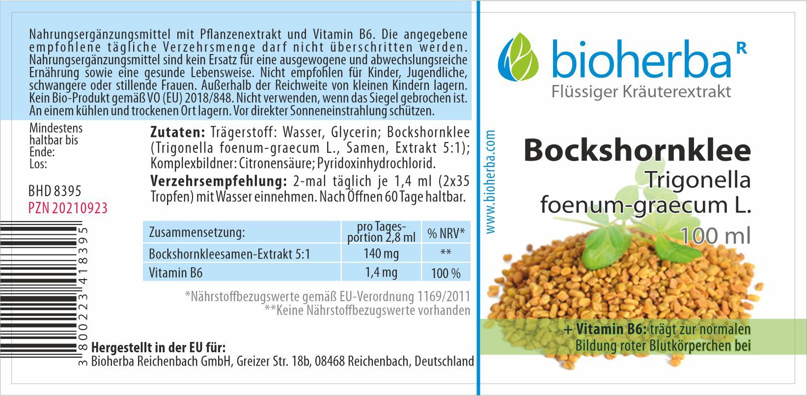 Etikett mit Produktinformationen. Bioherba Bockshornklee Tropfen. Zutaten, Verzehrempfehlung, Nährwertangaben. Flasche mit 100 ml.