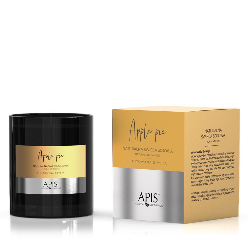 Schwarze Kerze und gold-silberne Verpackung. Text: APIS, Apple pie, Natürliche Sojakerze, Limitierte Edition.