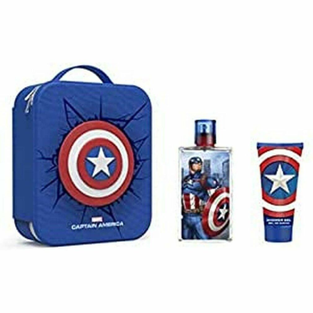 Blaues Set mit Tasche, Flakon und Duschgel. Captain America-Design mit Schild-Motiv. Marvel-Logo.
