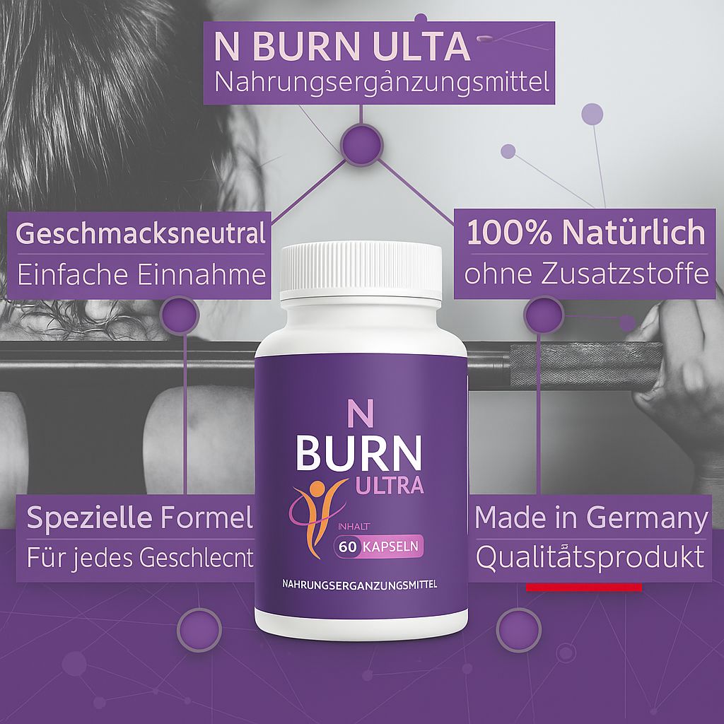 Weiße Flasche mit lila Etikett. Aufschrift: N BURN ULTRA, 60 Kapseln. Zusätzliche Textfelder.