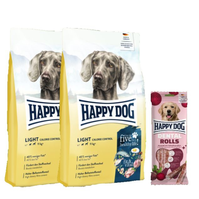 Happy Dog Fit & Vital Light Calorie Control Doppelpack + Dental Rolls für Hunde 24,1 kg