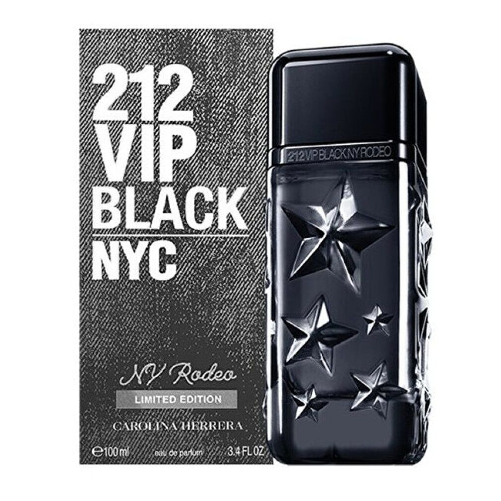 Schwarzer Flakon mit Sternenmuster und Karton. Aufschrift: 212 VIP BLACK NYC NY Rodeo Limited Edition.