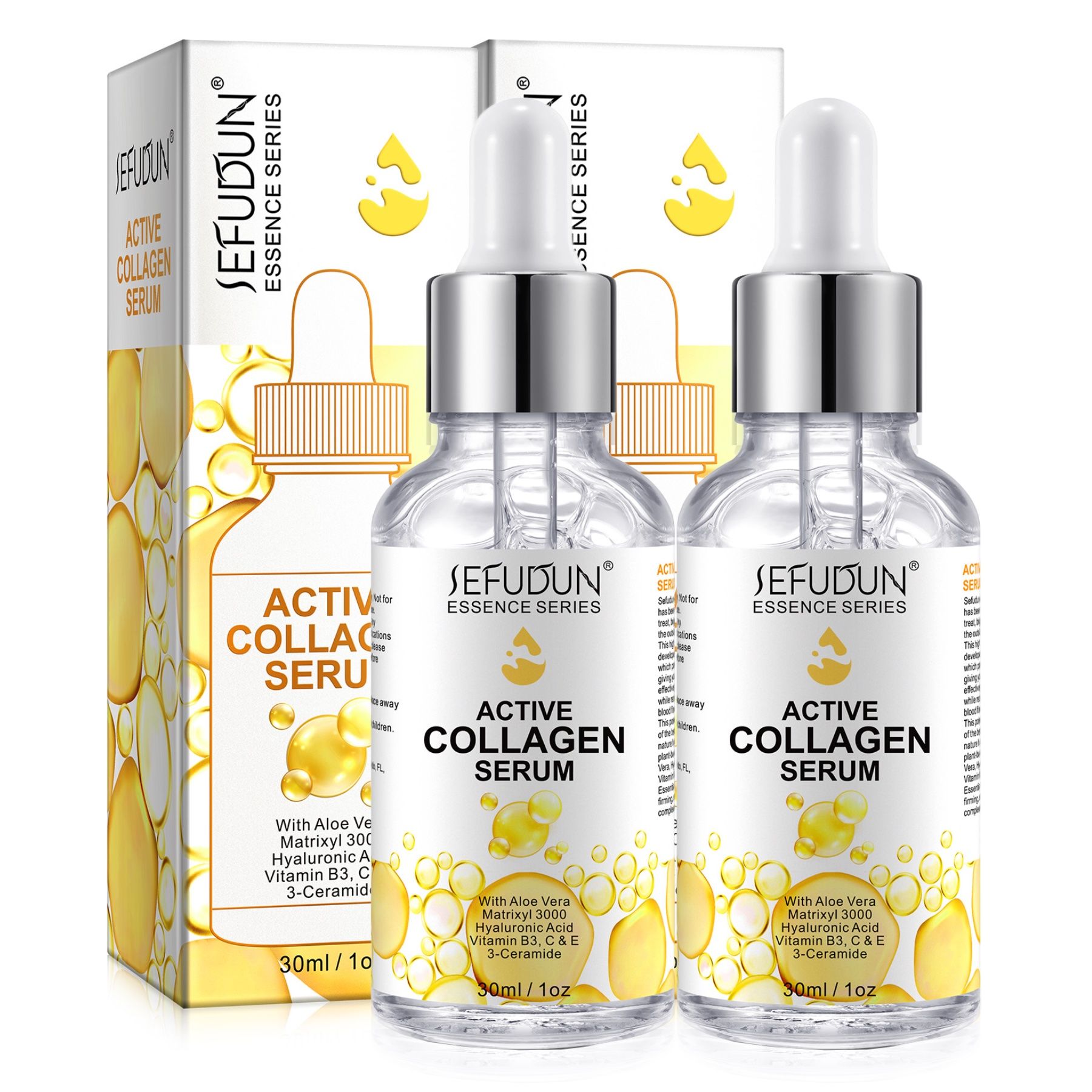 Zwei Flaschen Serum mit Text: SEFUDUN, Active Collagen Serum. Verpackung mit Text. 30ml/1oz. Mit Aloe Vera, Hyaluronsäure.