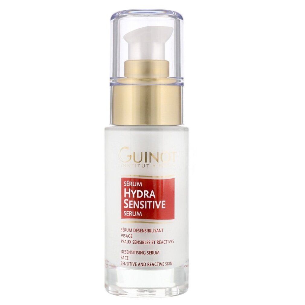 Guinot Hydra Sensitive Gesichtsserum in einer Glasflasche mit Pumpspender.