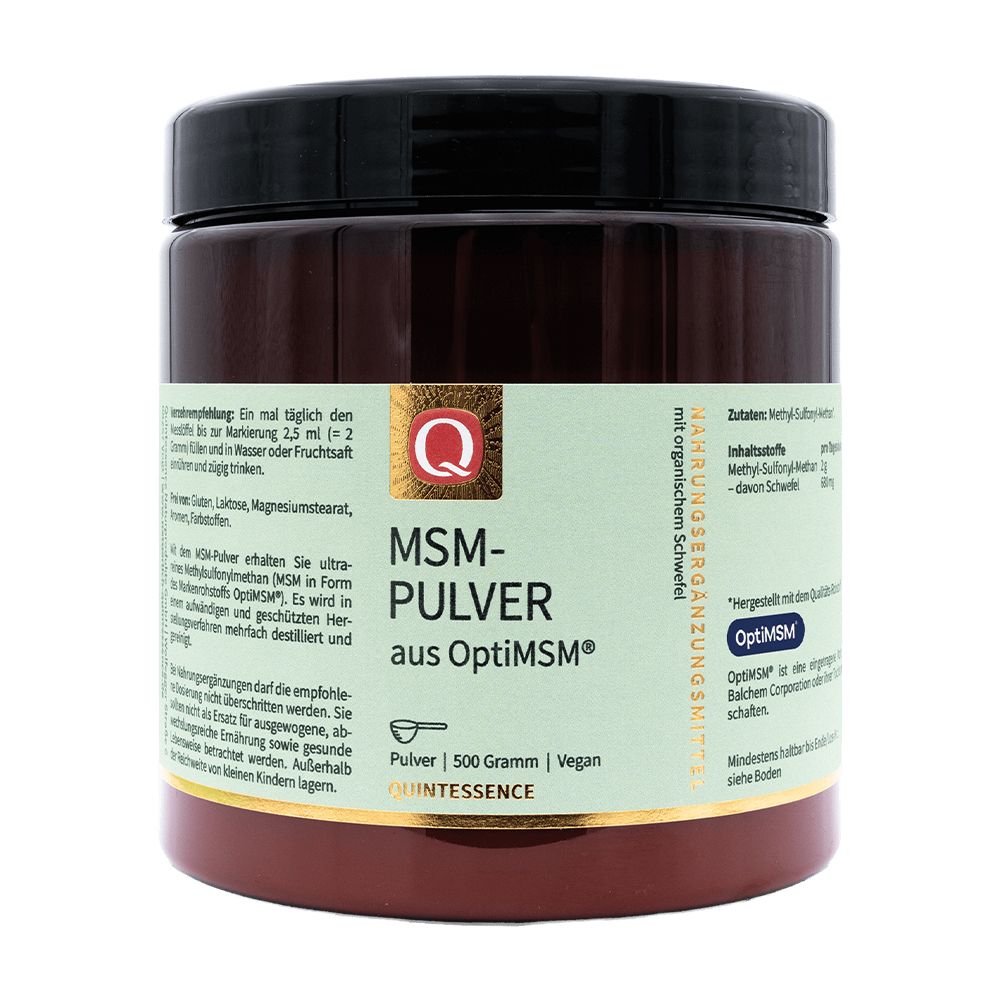 Braune Dose OptiMSM® Pulver, schwarzer Deckel. Aufschrift: MSM-Pulver aus OptiMSM®, 500 Gramm, Vegan. Logo Quintessence.