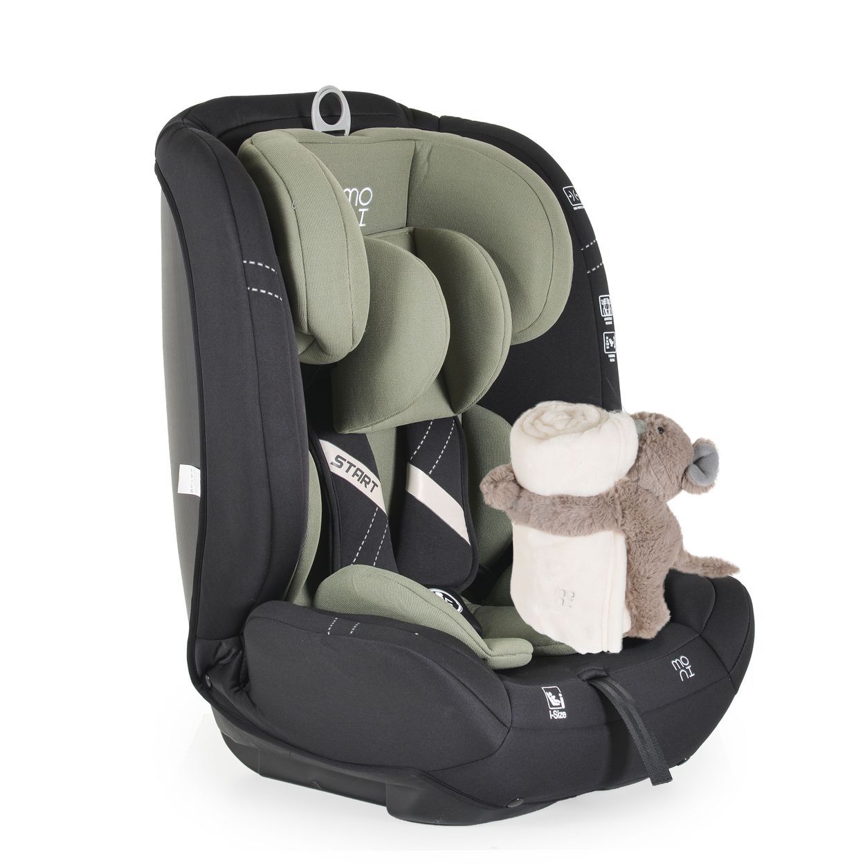 Grüner Kindersitz mit schwarzem Bezug, verstellbarer Kopfstütze und 5-Punkt-Gurt. "START"-Aufdruck.
