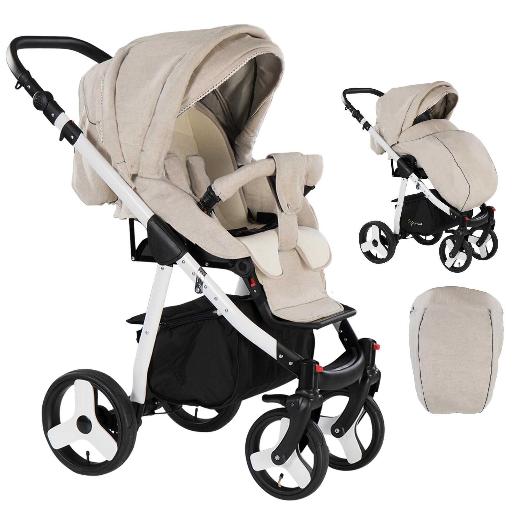 Friedrich Hugo Organico 3 in 1 Kinderwagen Set, Natureline Beige - Gestell Weiß