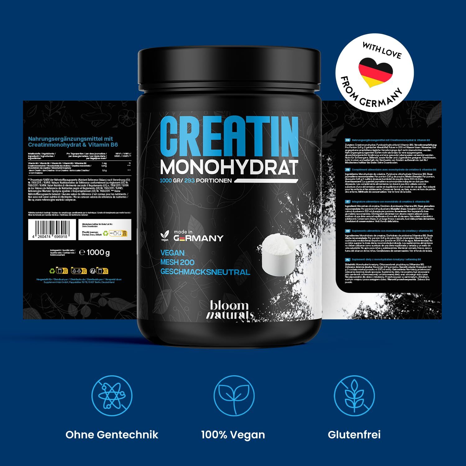 Schwarze Dose CREATIN MONOHYDRAT mit Produktinformationen und Logo. Zusätzliche Informationen auf der Rückseite.