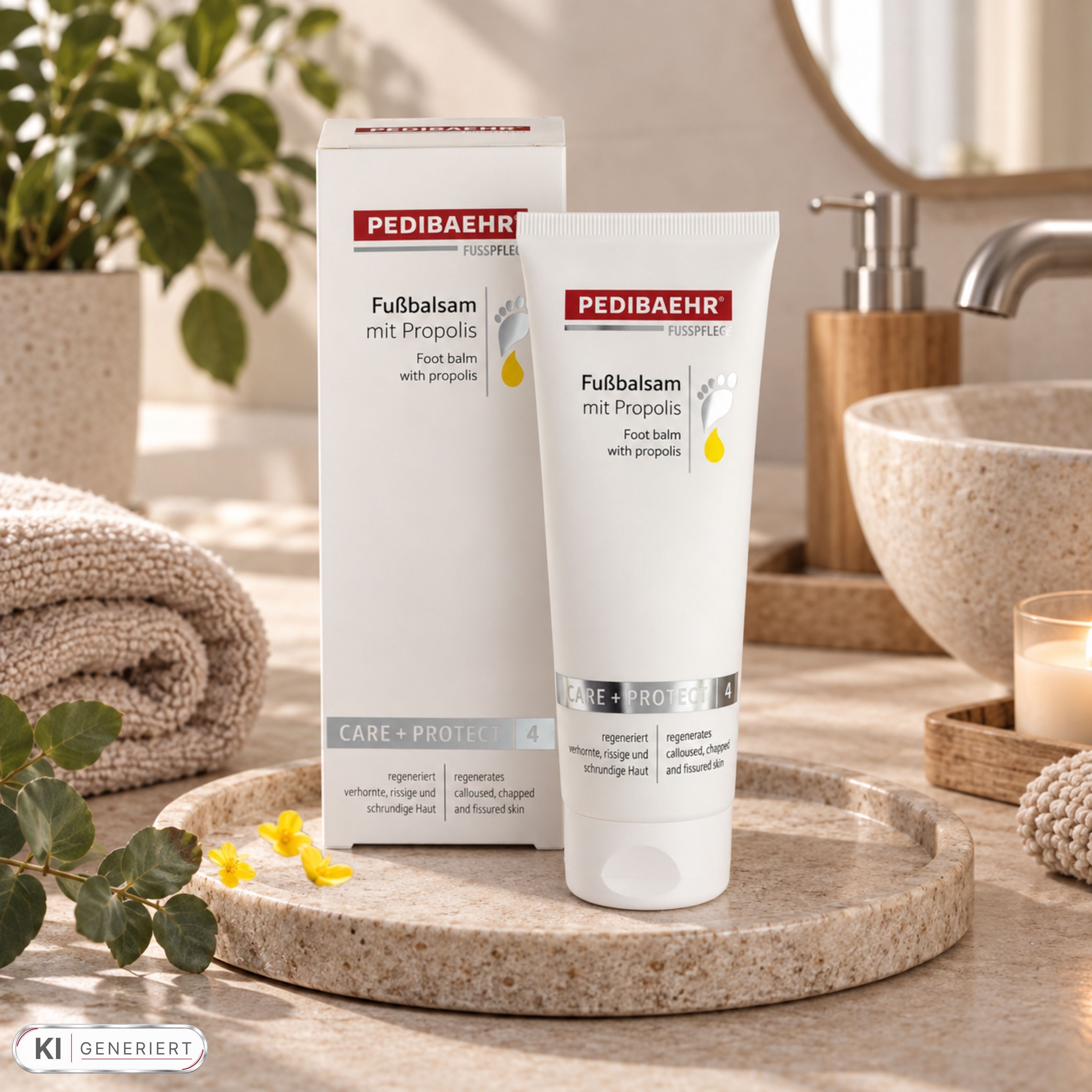 Pedibaehr Fußbalsam mit Propolis Tube und Faltschachtel in einem Badezimmer.