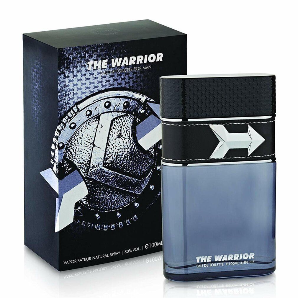 Flakon und Box. Flakon mit silbernem Pfeil-Design und bläulicher Flüssigkeit. Schwarze Box mit silbernem Design und Text 'THE WARRIOR'.