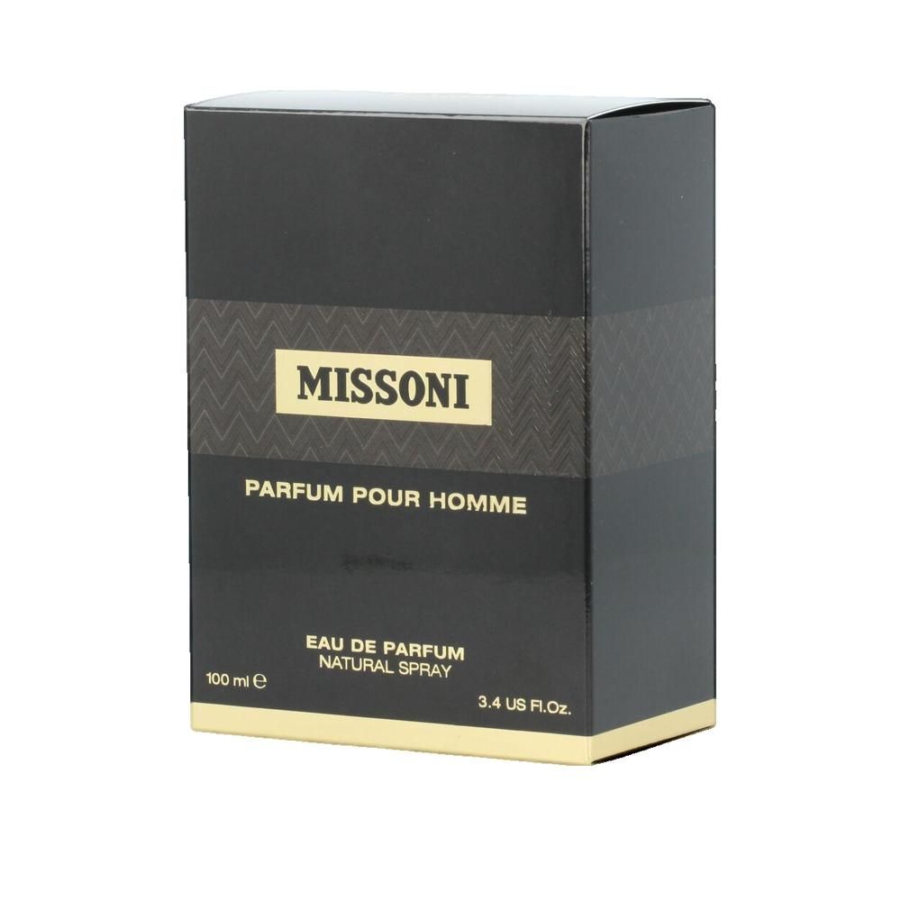 Schwarzer rechteckiger Karton mit goldfarbenem Schriftzug MISSINI, PARFUM POUR HOMME, Eau de Parfum, Natural Spray.