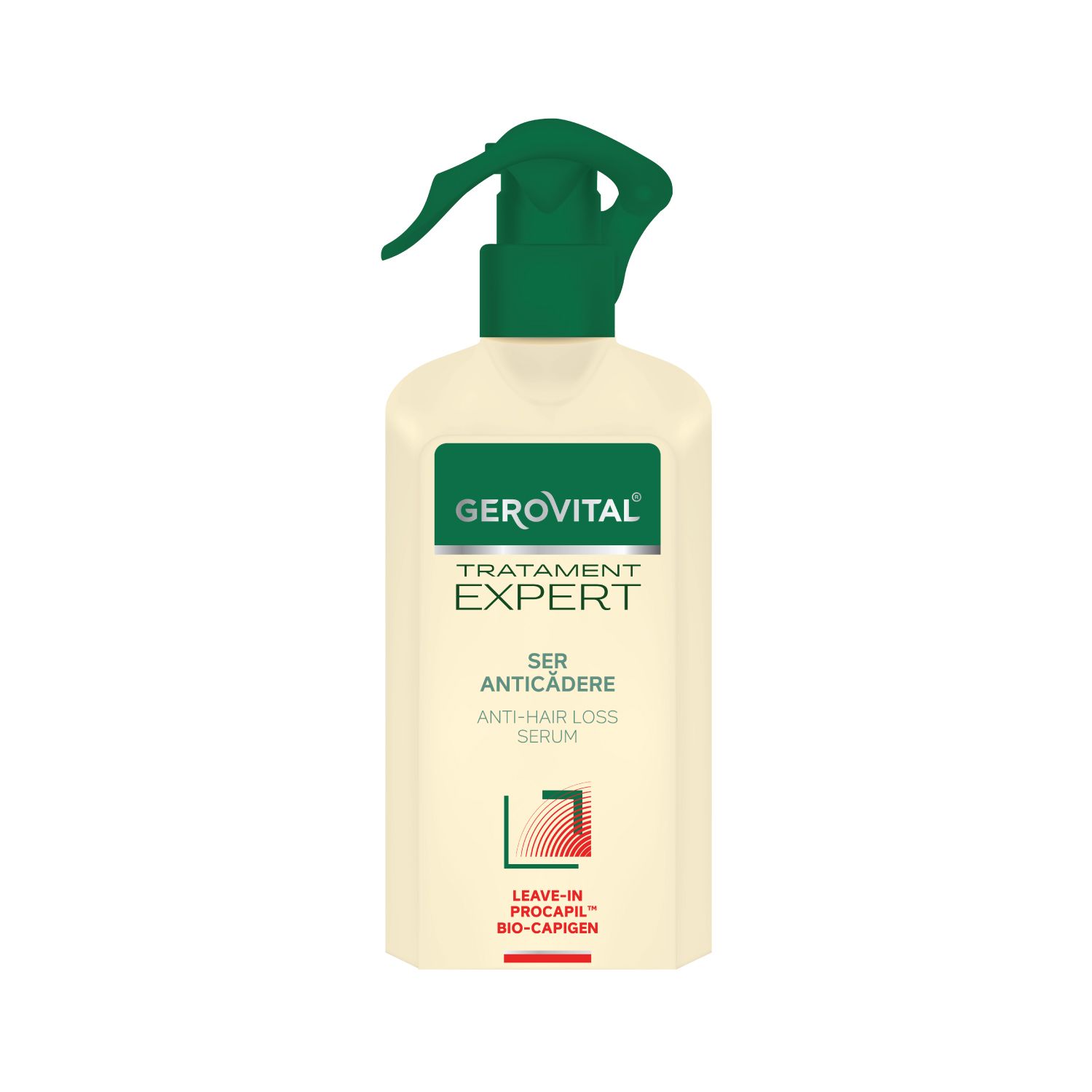 Beige Flasche mit grünem Sprühkopf. Aufschrift: Gerovital Tratament Expert, Ser Anticadere, Anti-Haarausfall Serum.