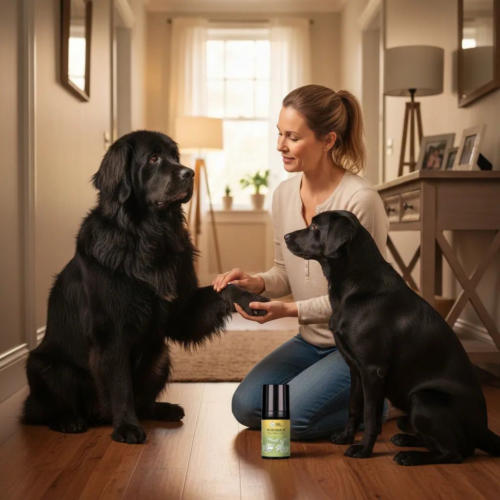 Frau sitzt mit zwei Hunden. Ein Hund gibt Pfote. Dose mit gelbem Etikett. Text: Pfotenbalm. Logo Yuki cares.