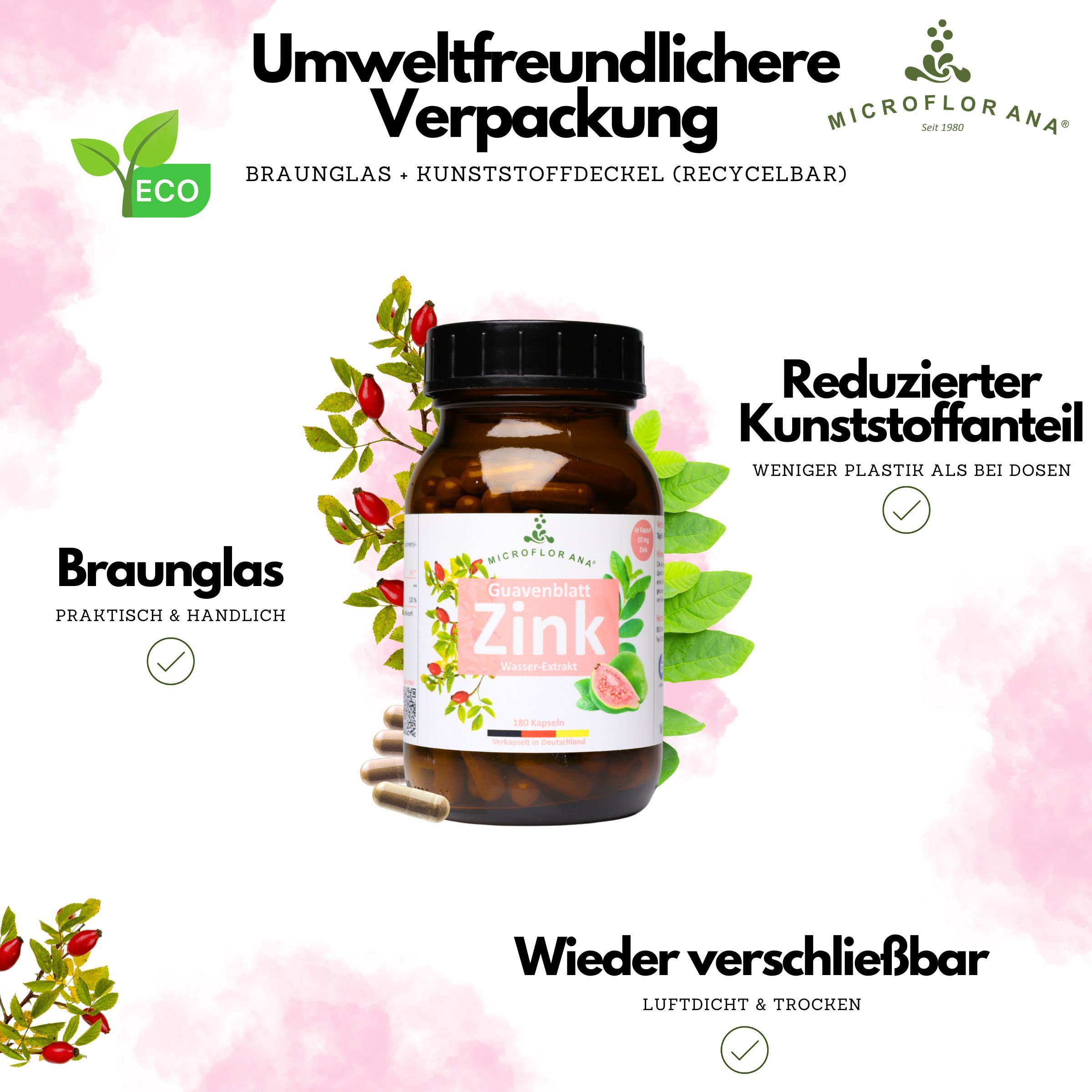 Braune Flasche mit Kapseln. Umweltfreundliche Verpackung. Braunglas, Kunststoffdeckel (recycelbar).