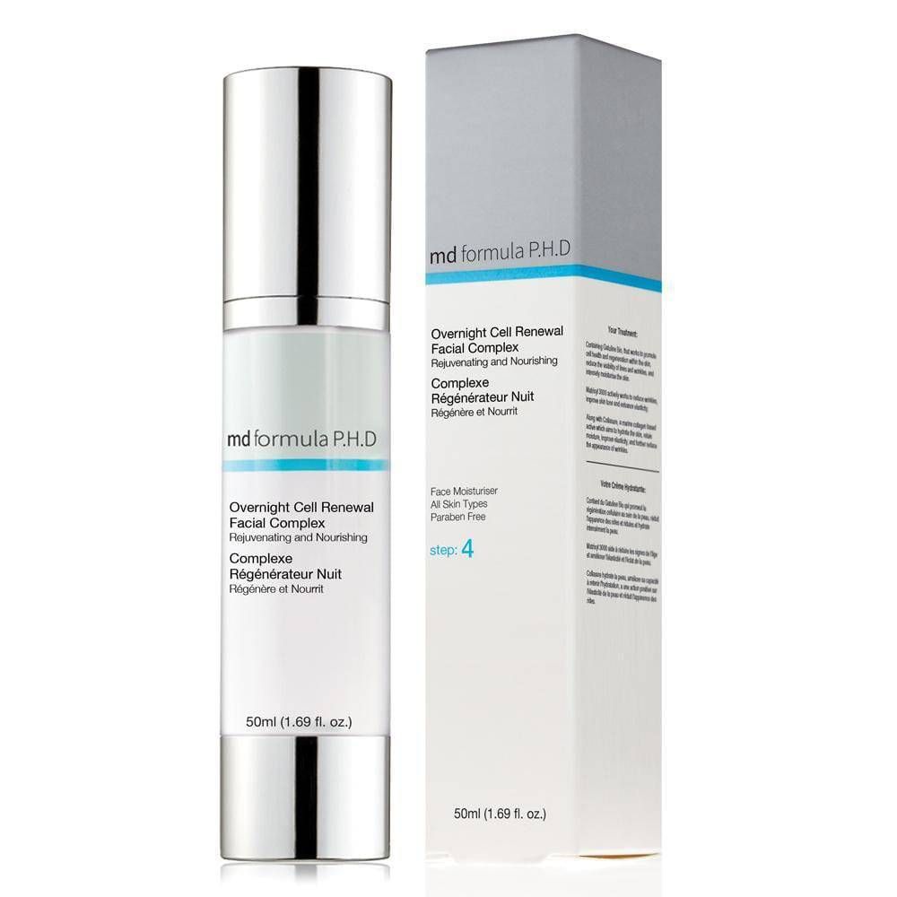 Zylinderförmige Flasche und Schachtel. Aufschrift: md formula P.H.D, Overnight Cell Renewal Facial Complex. 50ml.