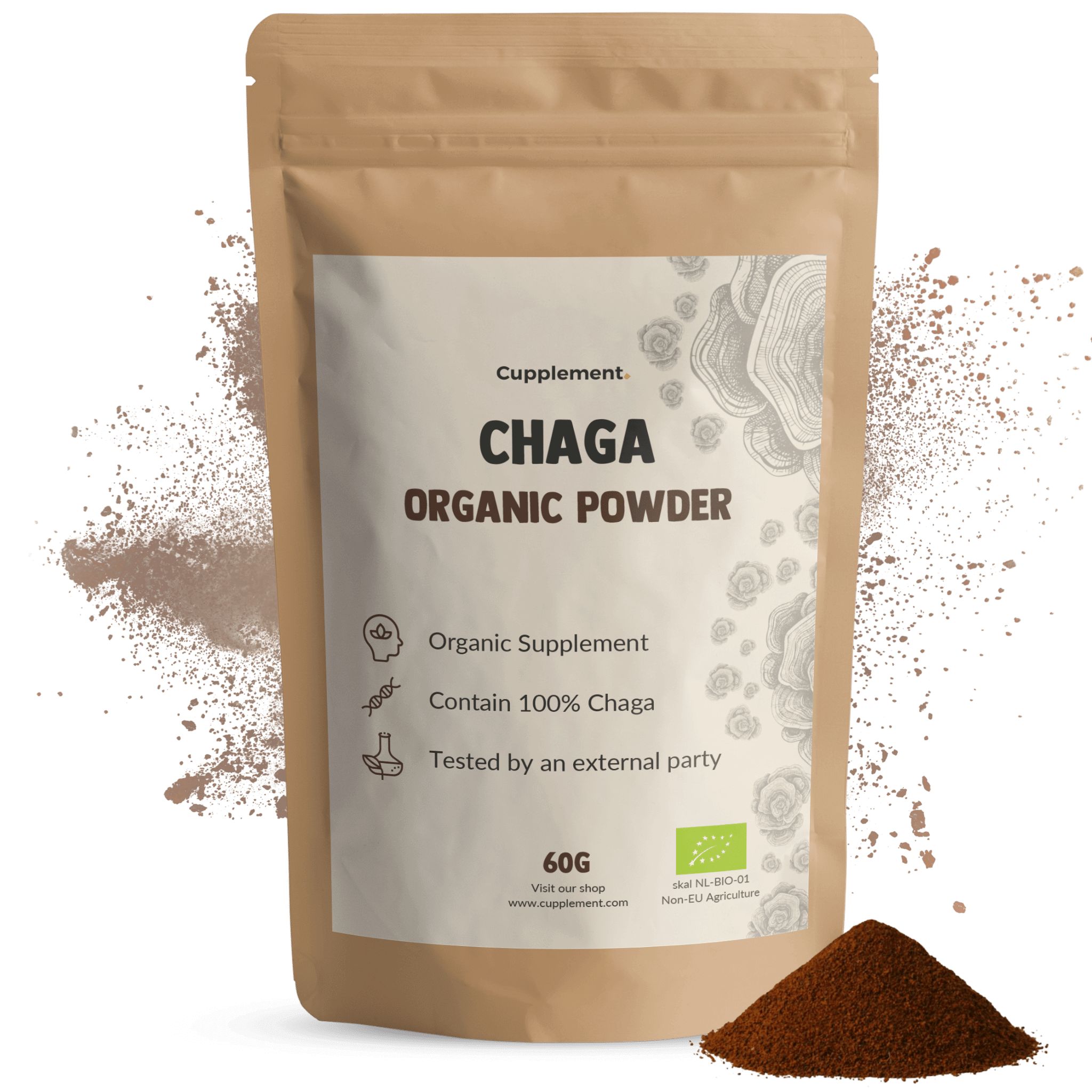 Beutel mit Chaga-Pulver. Aufschrift: Chaga Organic Powder. 60g. Bio-Siegel.