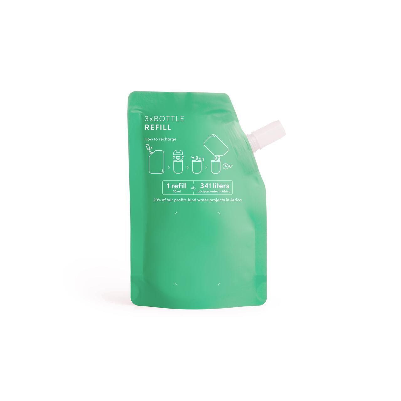 Grüner Nachfüllbeutel mit weißem Ausgießer. Text: 3x BOTTLE REFILL. Illustrationen zum Nachfüllen. Text: 1 refill, 341 liters.