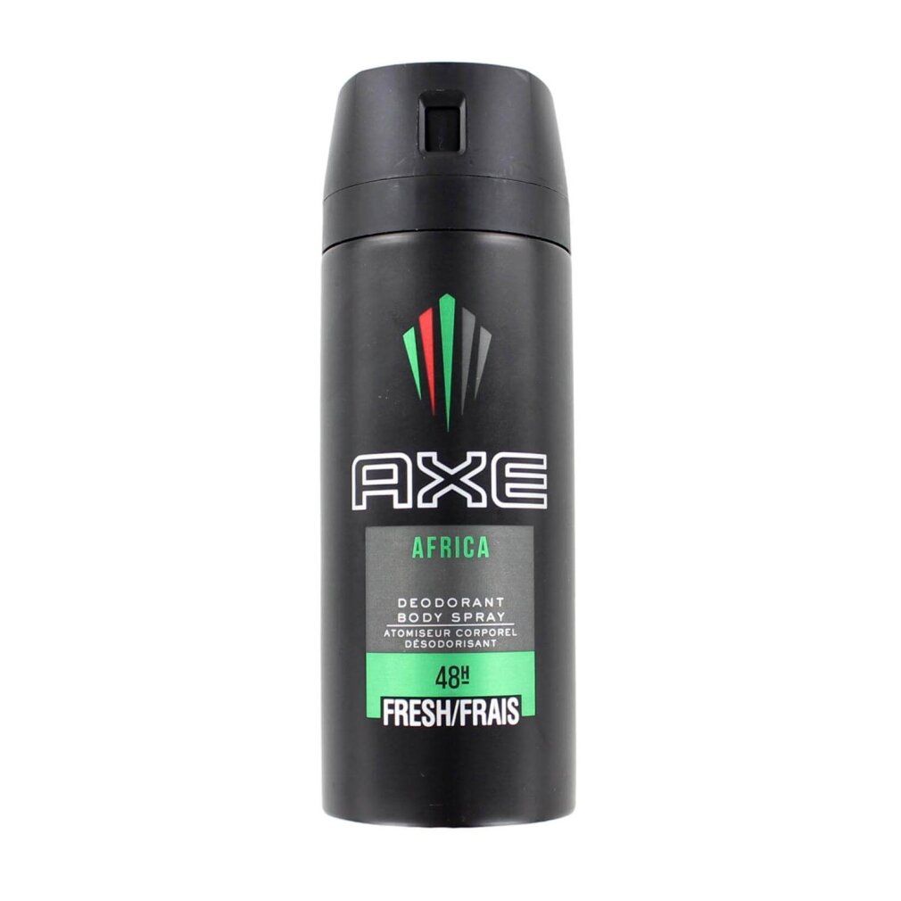 Schwarze Deodorant-Spraydose mit schwarzem Deckel. Aufschrift "AXE AFRICA" und "48h FRESH/FRAIS".