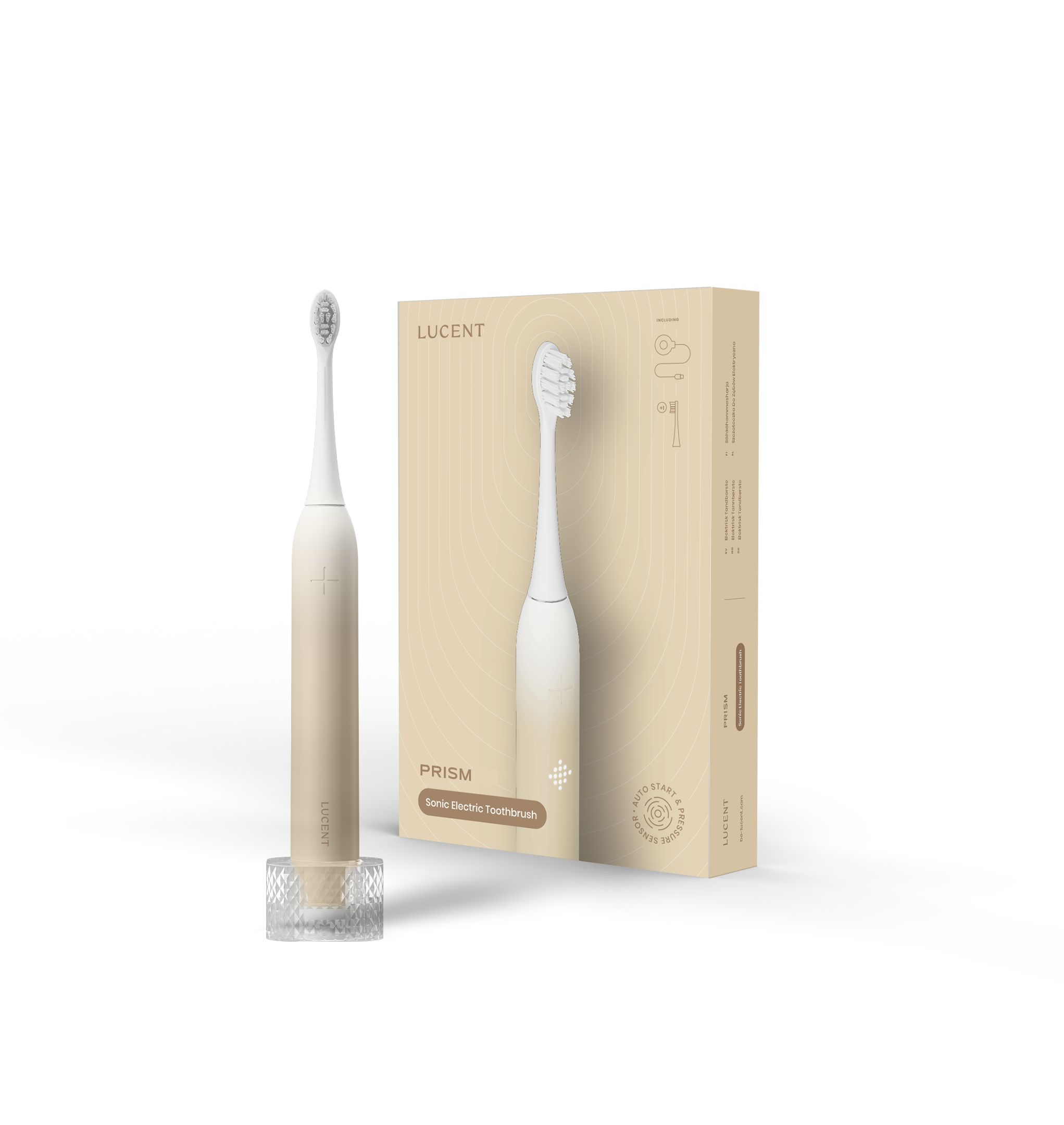 Elektrische Zahnbürste, vanillefarben, mit Ladestation und Verpackung. Aufdruck: LUCENT, PRISM, Sonic Electric Toothbrush.