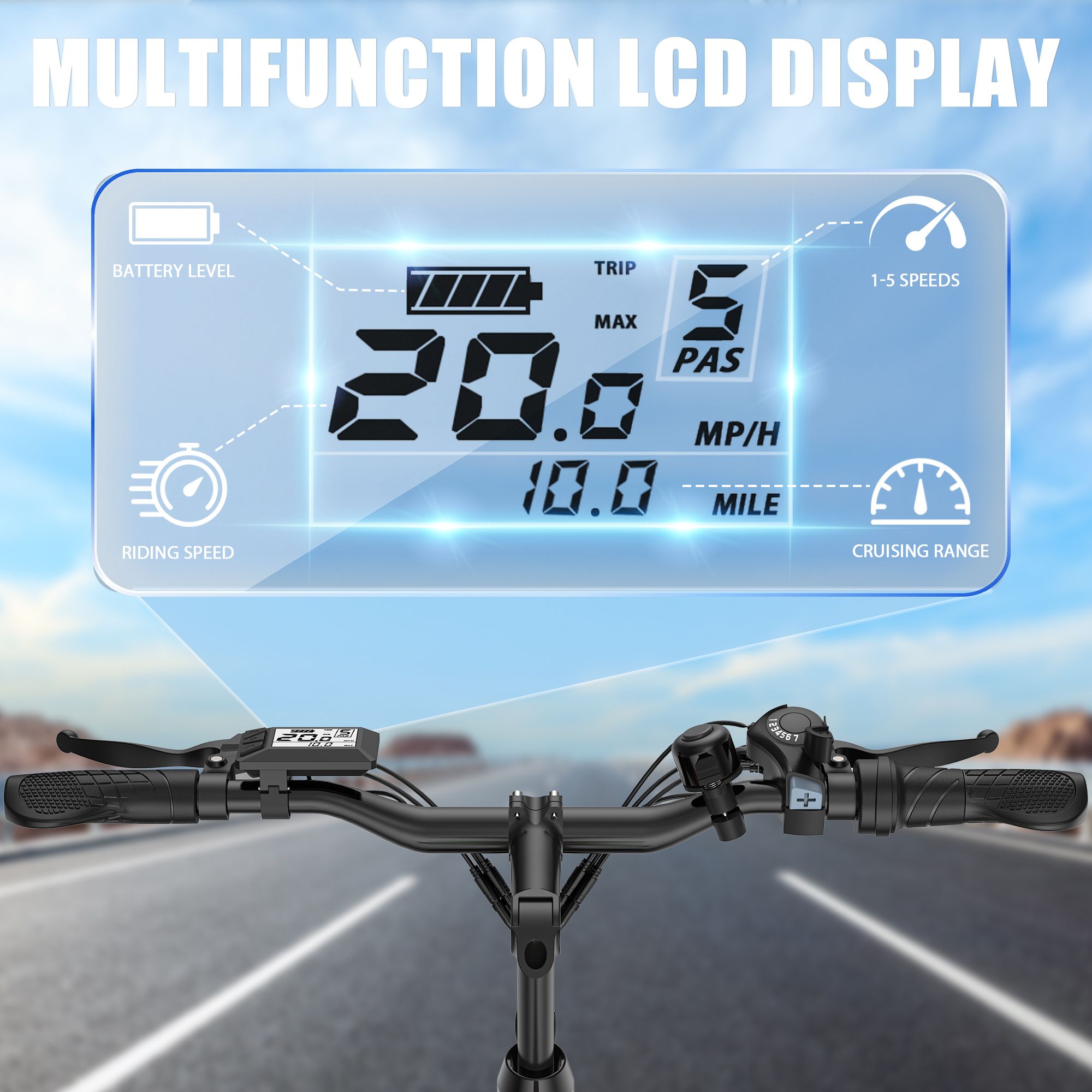 Multifunktionales LCD-Display. Zeigt: Batteriestand, Geschwindigkeit, TRIP, MAX, PAS, MPH, MILE.