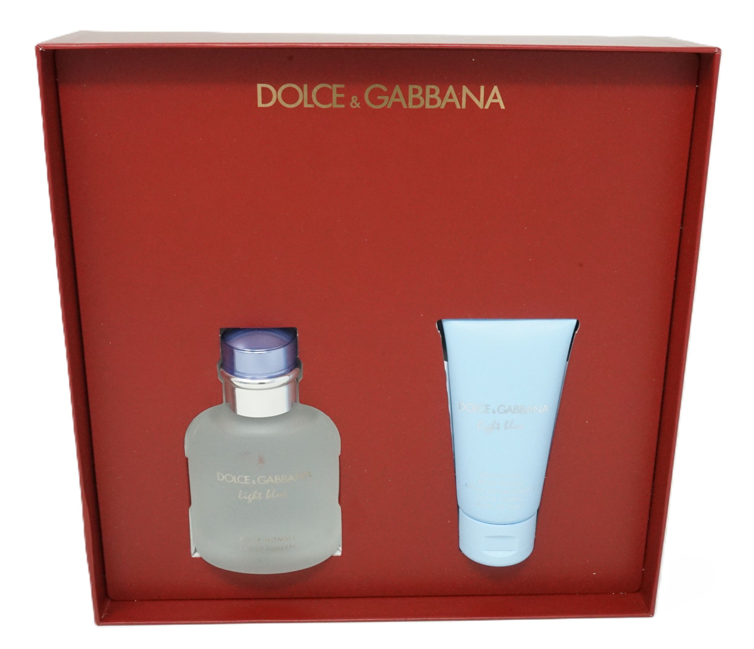 Rotes Geschenkset mit Dolce & Gabbana Logo. Enthält eine Flasche und eine Tube. Flasche mit blauem Deckel.