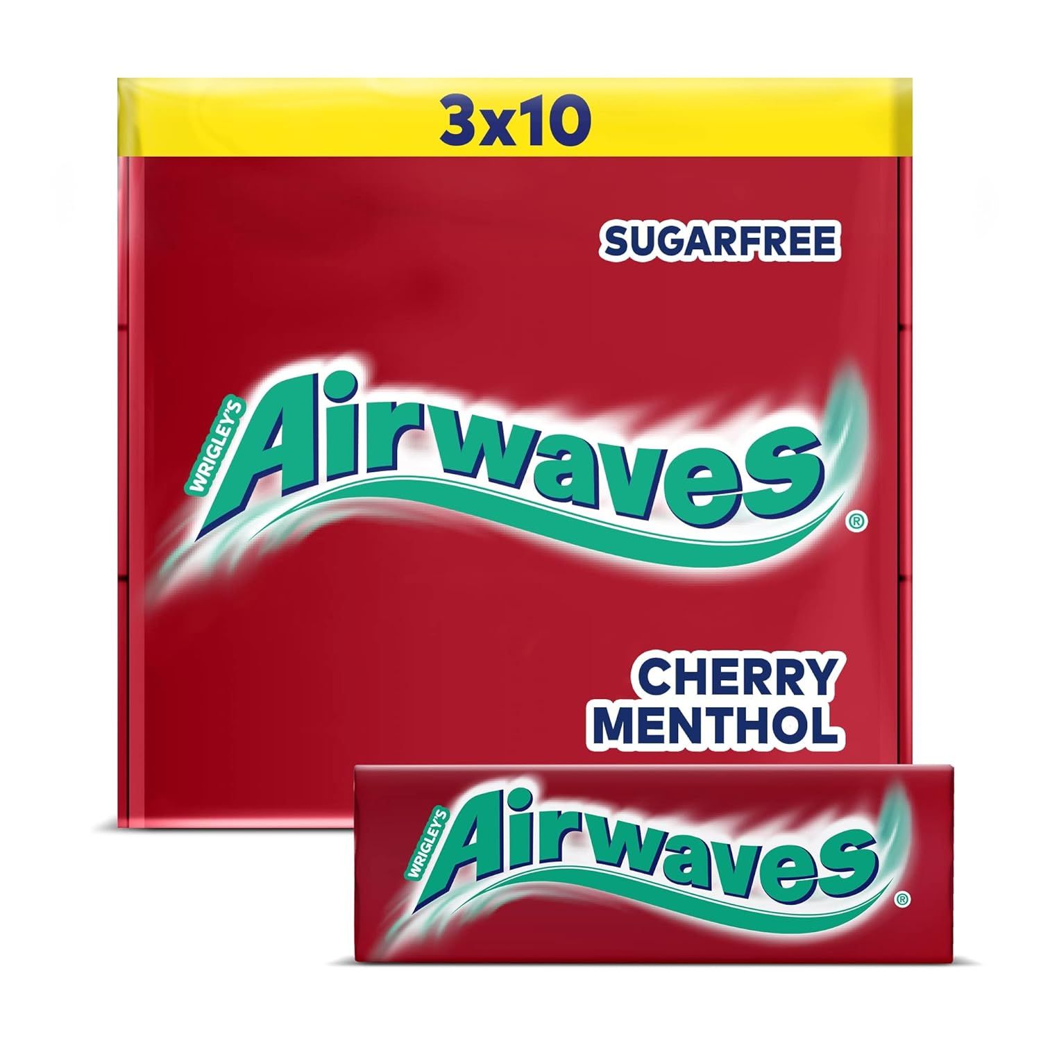 Packung AIRWAVES Multipack Cherry Menthol. Rote Verpackung mit Logo und Schriftzug. Enthält 3x10 Dragees.