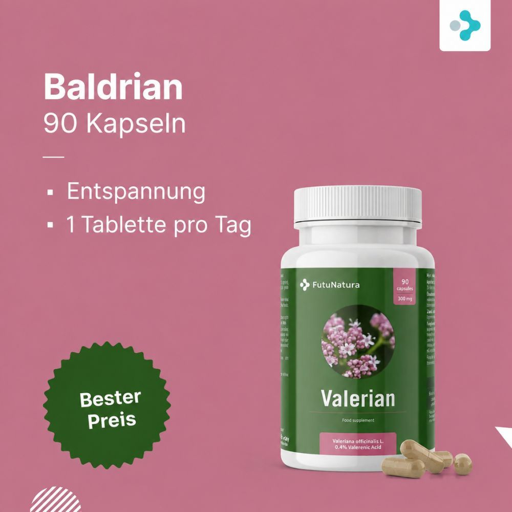 Flasche mit 90 Baldrian-Kapseln von FutuNatura. Enthält Baldrian-Extrakt.