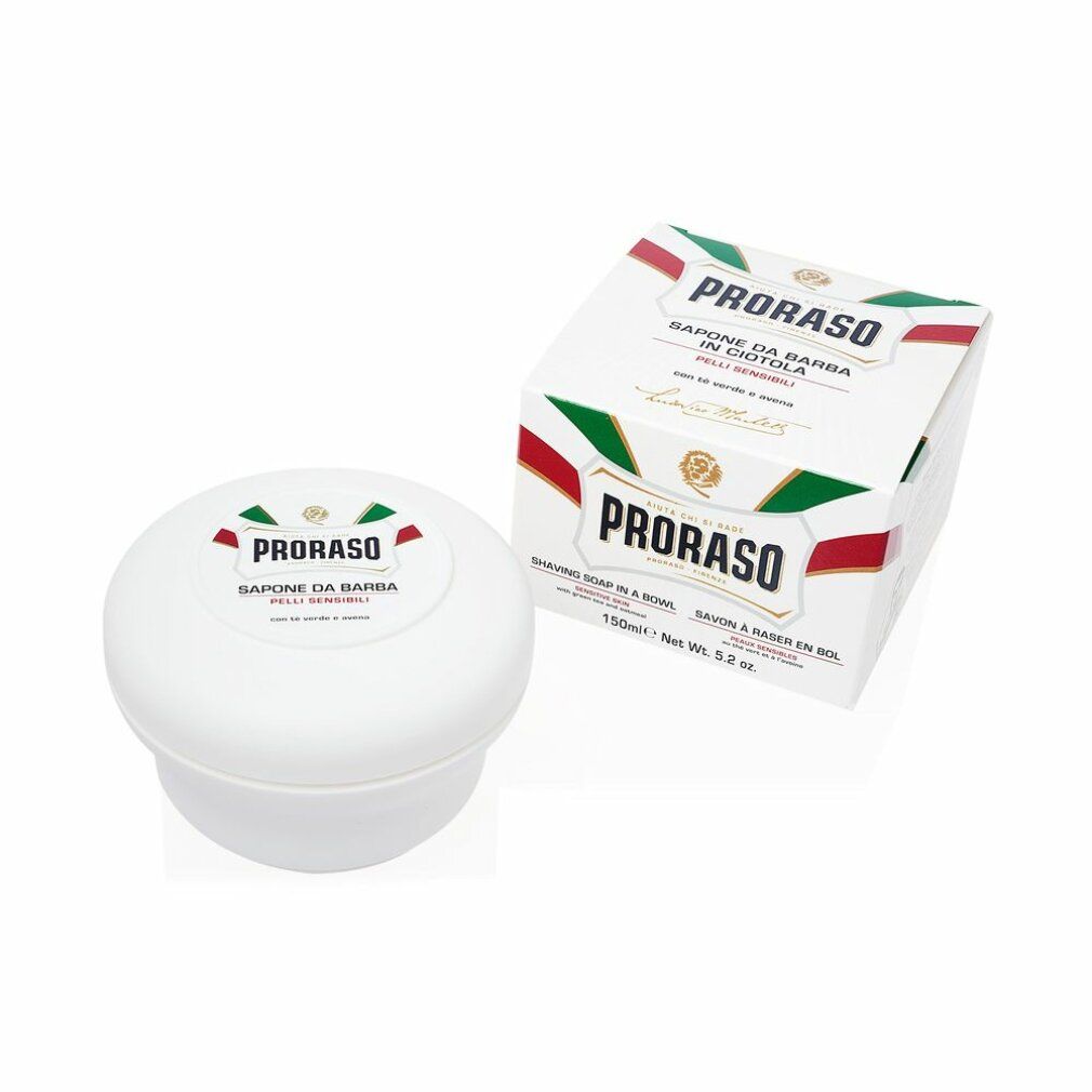 Proraso Rasierseife für empfindliche Haut mit grünem Tee und Hafer, in weißer Schale.