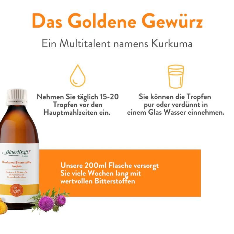 Produktflasche neben Text. Text: Goldene Gewürz, Kurkuma. Einnahmeempfehlung. 200ml Flasche. Gelbe Kurkuma-Scheiben und Distelblüten.