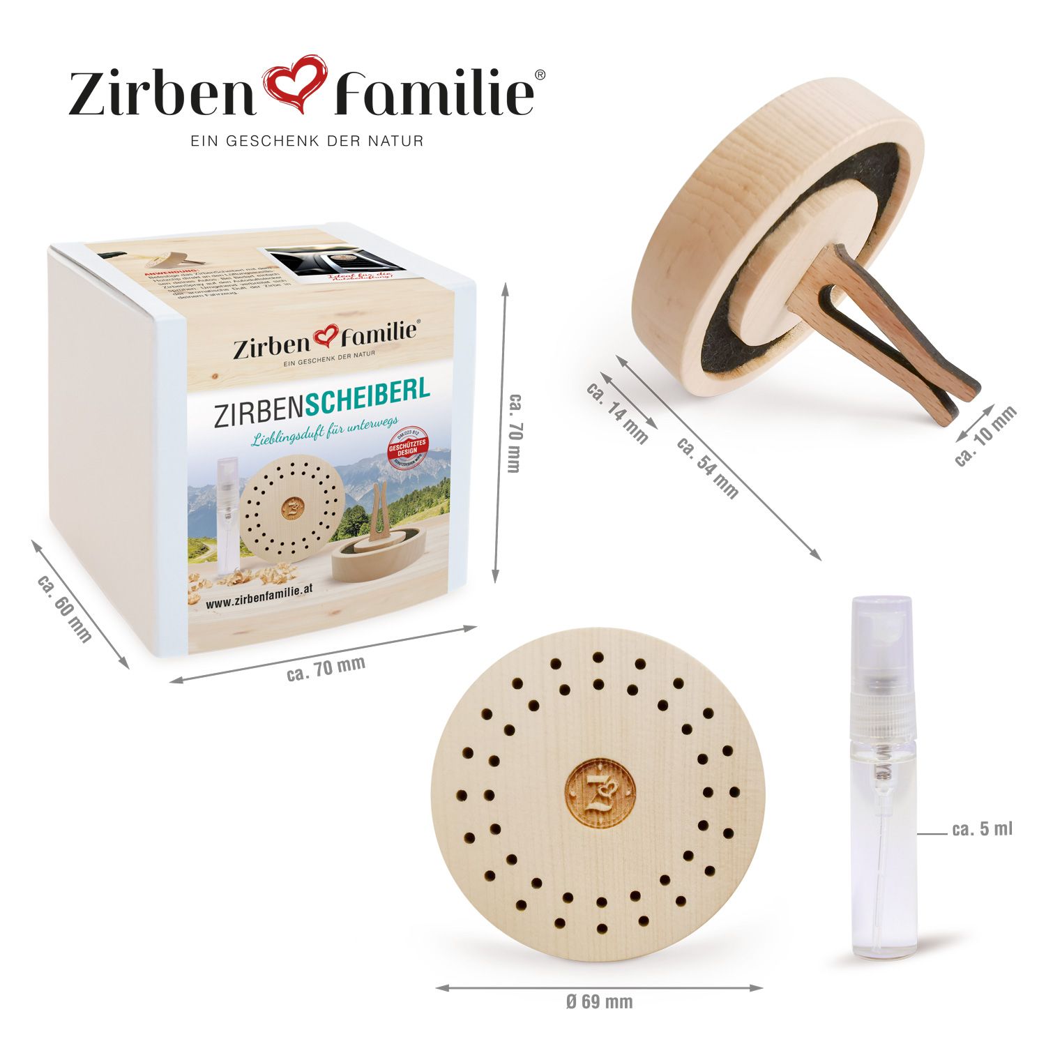 Produktverpackung mit ZirbenScheiberl, Maße und Sprühflasche. ZirbenFamilie Logo. Produktansicht von oben und von der Seite.