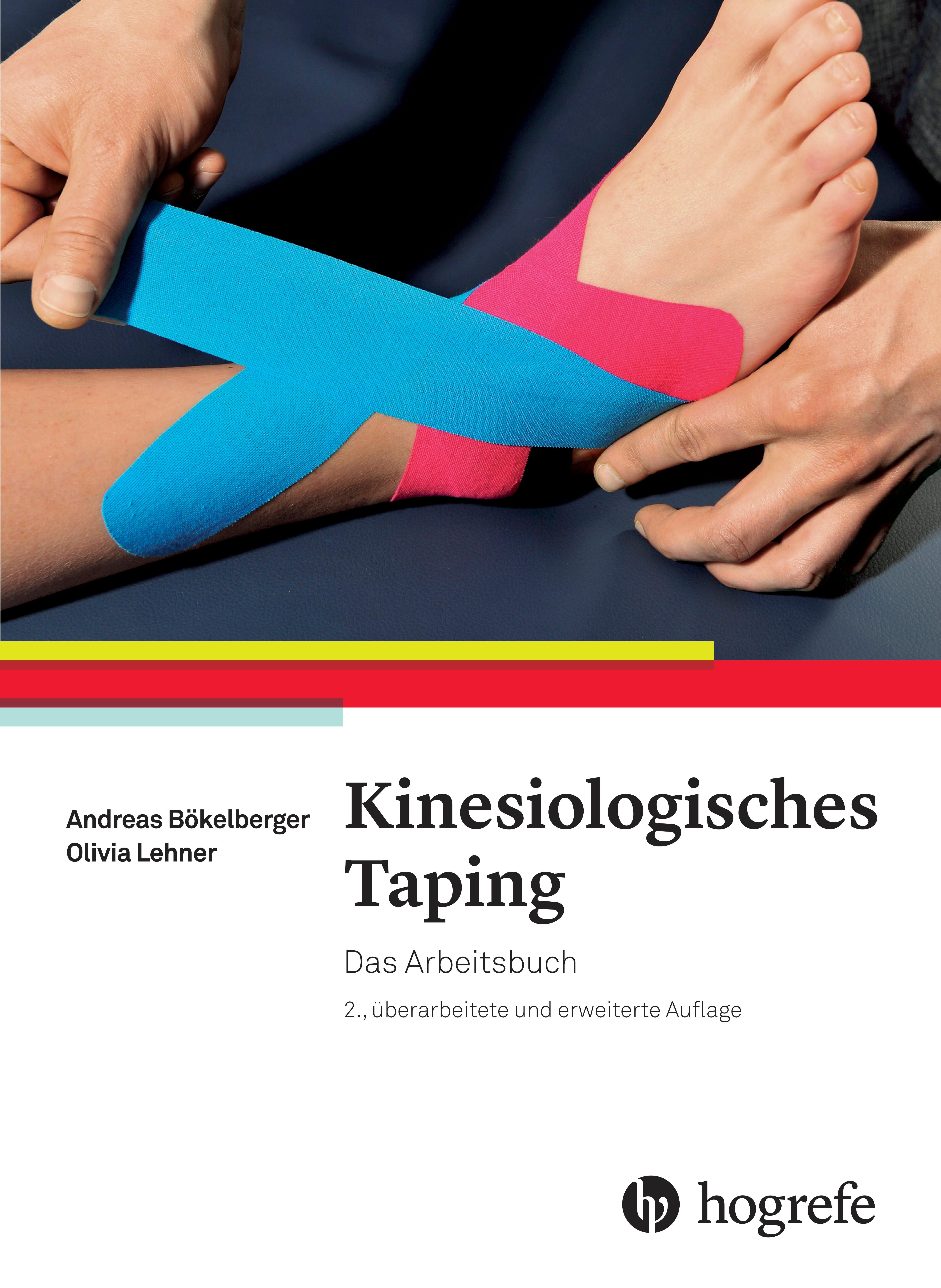 Buchcover mit dem Titel „Kinesiologisches Taping“. Auf dem Fuß ist blaues und pinkfarbenes Tape angebracht. Hände halten das Tape.