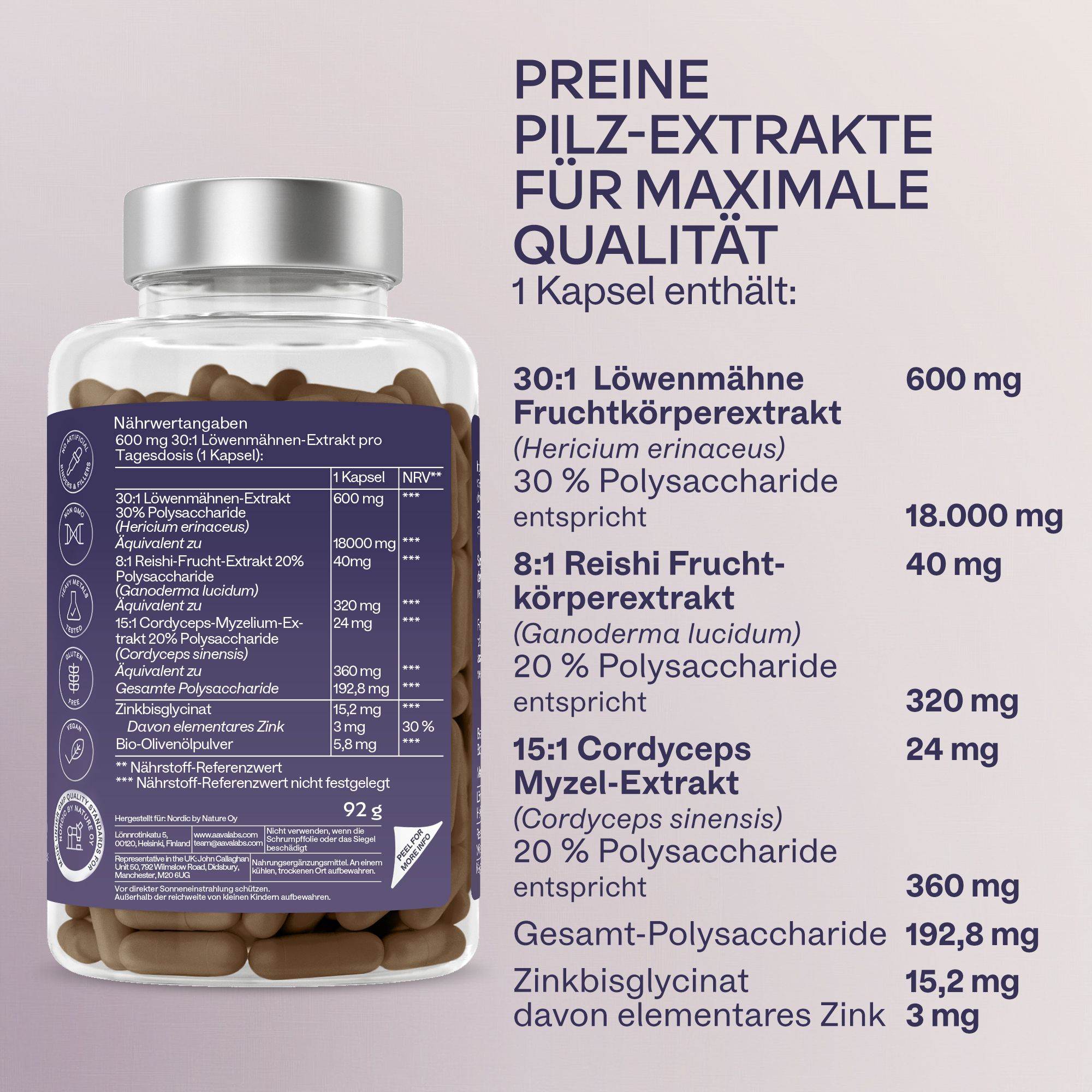 Aavalabs Lion's Mane Pilzkapseln mit Nährwertangaben.