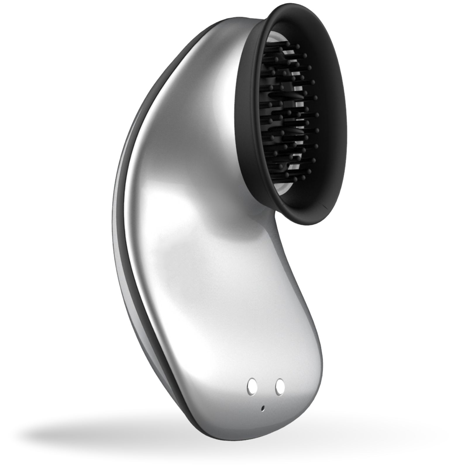 Silberfarbener Vibrator mit schwarzem Aufsatz. Zwei Knöpfe. Tropfenförmig.