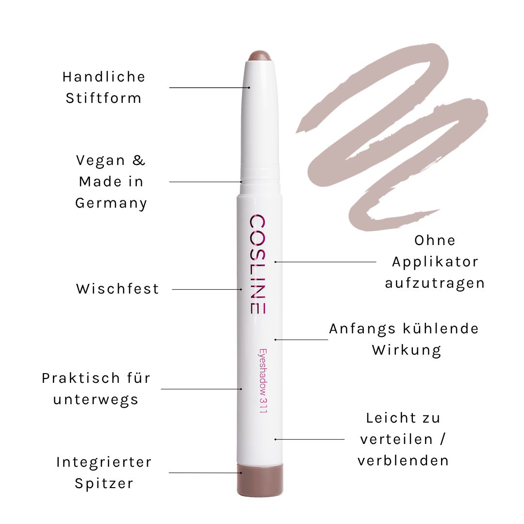 Weißer Stift-Lidschatten von Cosline, Farbton 311. Beschriftung: Vegan & Made in Germany. Mit integriertem Spitzer.