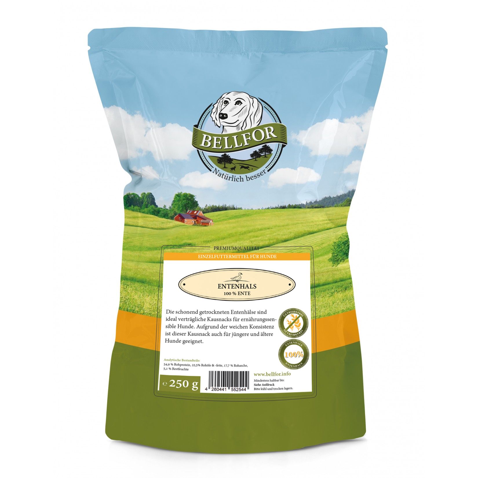 Blauer Beutel mit Produktinformationen. Aufdruck mit Logo und Text. Enthält Entenhals-Leckerlis.