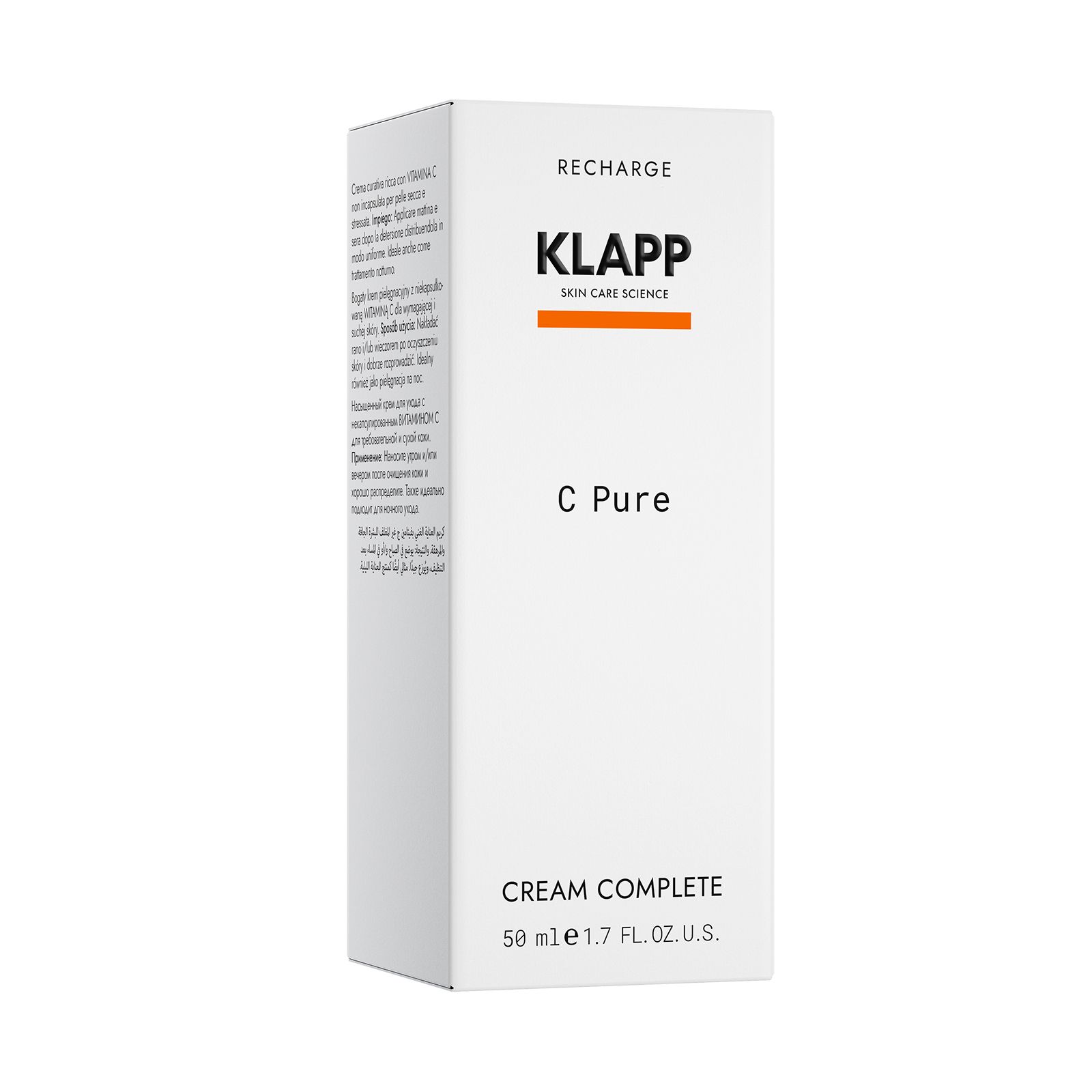 Weiße Verpackung für C Pure Cream Complete. Schriftzug: KLAPP, C Pure, Cream Complete, 50 ml. Text auf der Verpackung.
