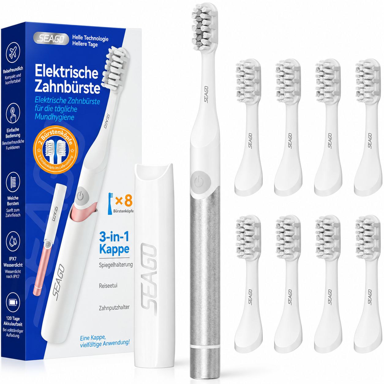 Weiße elektrische Zahnbürste mit silbernem Griff, 8 Aufsteckbürsten und 3-in-1-Kappe.