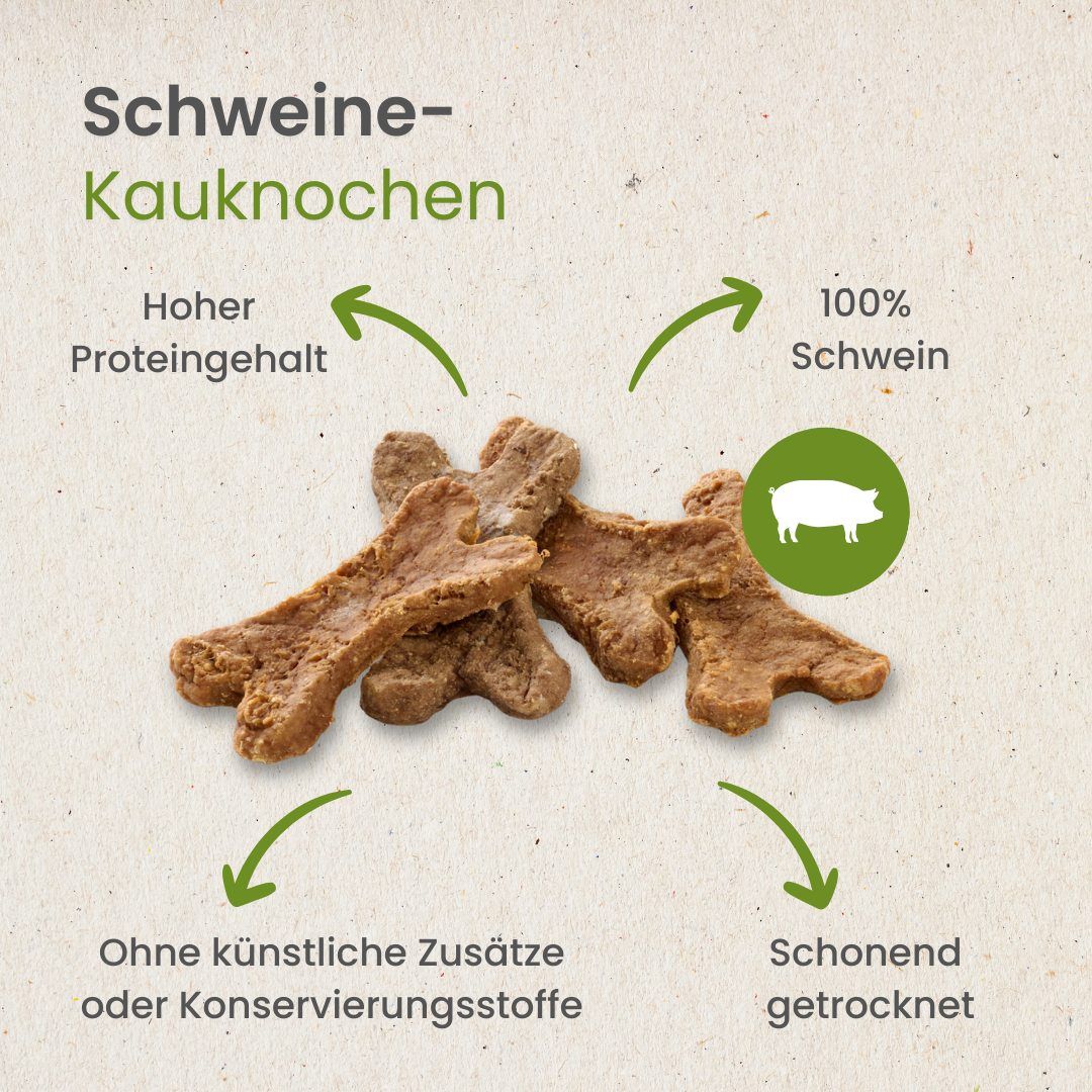 Schwein-Kauknocher: 100% Schwein, hoher Proteingehalt, ohne Zusätze.