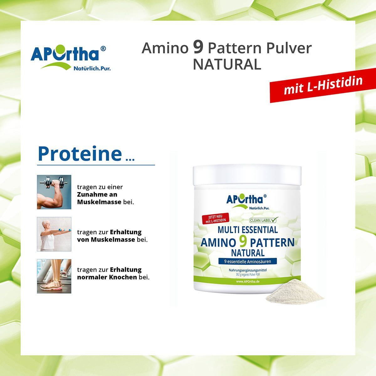 Bild zeigt APOrtha® Amino-9-Pattern Pulver und Illustrationen, die die Vorteile für Muskeln und Knochen zeigen.
