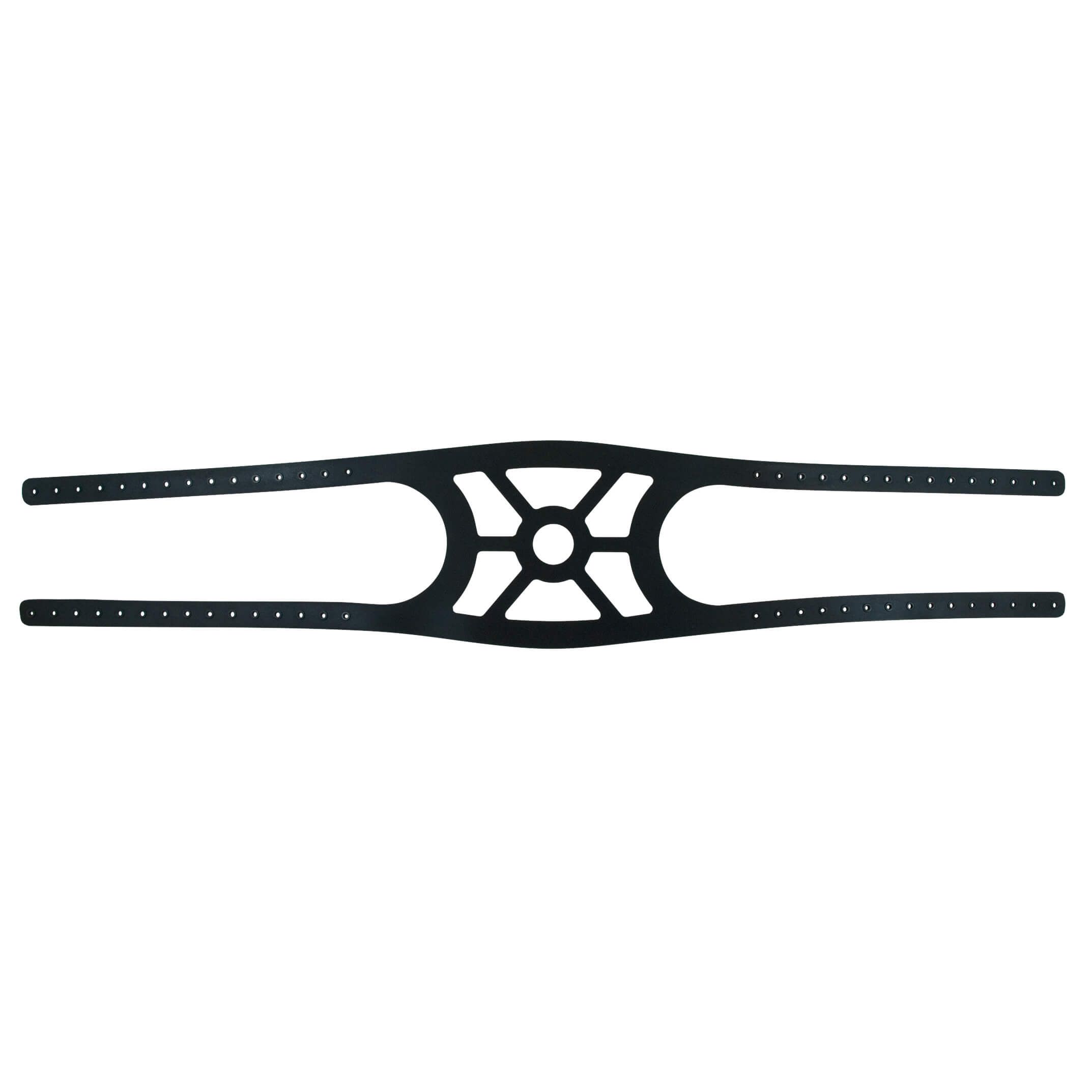 Schwarzes CPAP-Masken-Kopfbänderung aus Gummi. Zentrales Element mit sternförmigem Design, verbunden mit zwei langen, gelochten Bändern.
