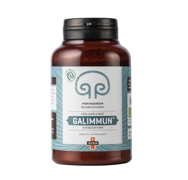 Braune Flasche mit schwarzem Deckel. Aufschrift: GALIMMUN, in Pulverform. EU-Bio-Siegel. Marke: Goba.