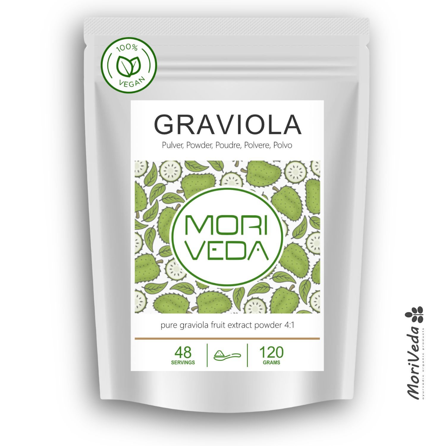 Moriveda Graviola Pulver – 4:1 Fruchtpulverextrakt, Antioxidantien & Vitamine, vegan 120 g