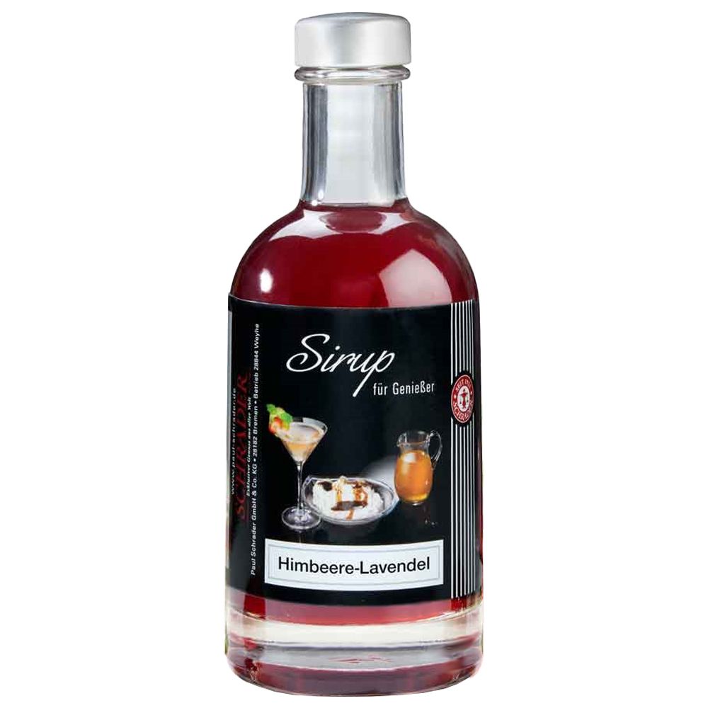 Glasflasche mit roter Flüssigkeit. Etikett mit "Sirup", "Himbeere-Lavendel" und Abbildungen.