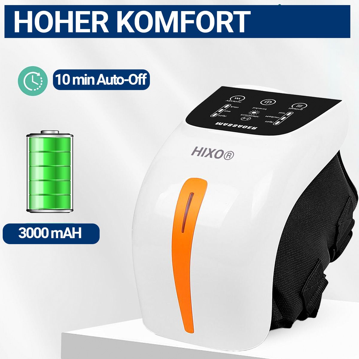 Weißes Knie-Massagegerät mit Bedienfeld. Akku-Symbol und Text: 3000 mAh. Text: HOHER KOMFORT. 10 min Auto-Off.