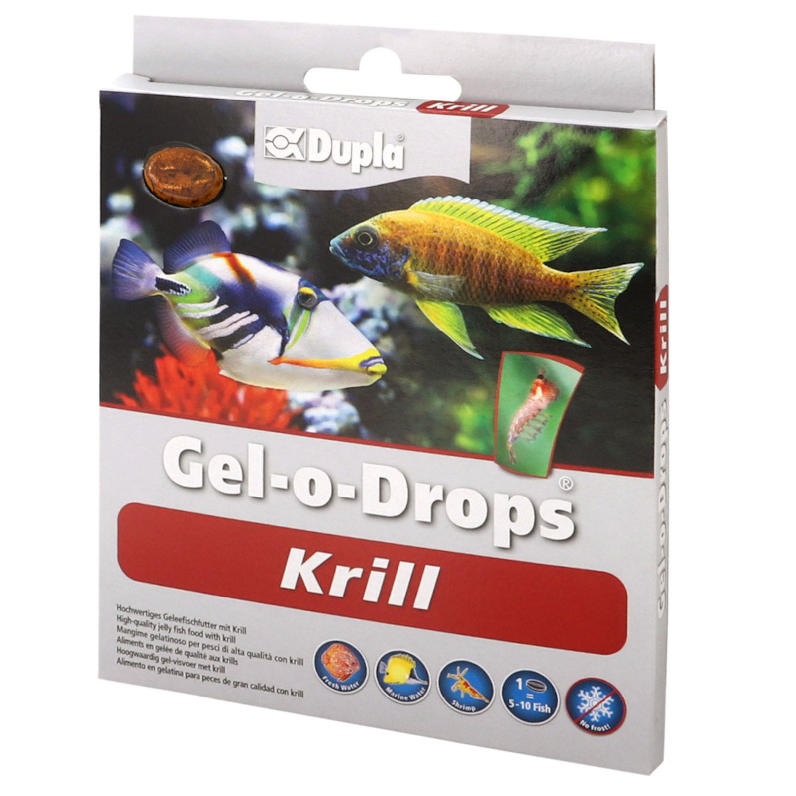 Verpackung mit Dupla Gel-o-Drops Krill. Abbildung von Fischen. Text: Gel-o-Drops Krill, Dupla Logo, 5-10 Fische.